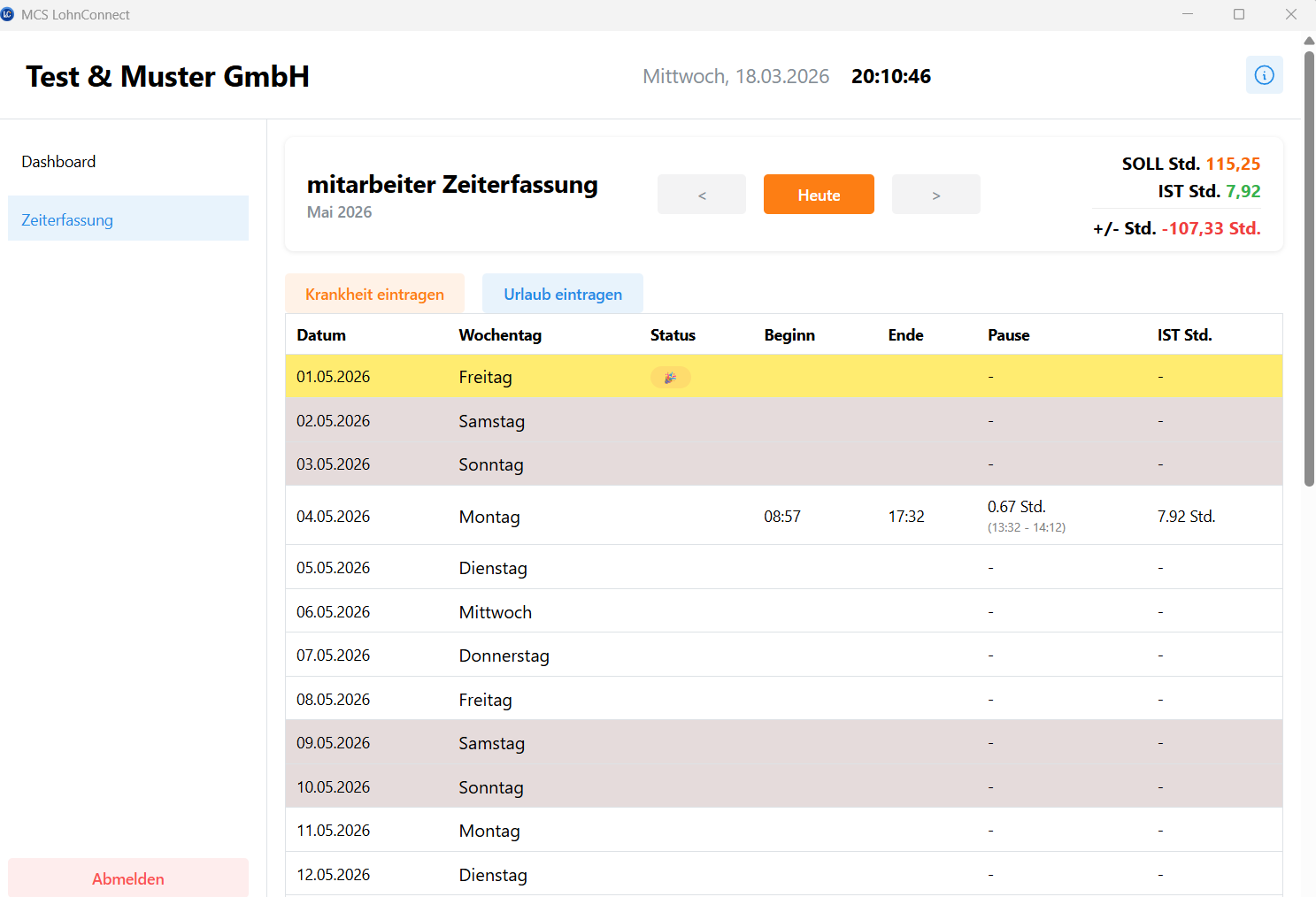 Monatliche Zeiterfassung fuer Mitarbeitende